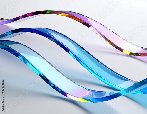 Abstract iridescent glass ribbons flowing in elegant, wavy patterns against a bright white background.