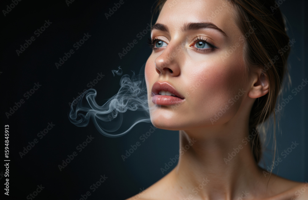 Fototapeta premium Woman with clear skin and blue eyes exhaling smoke against a dark background