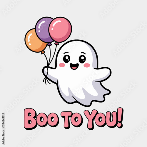 White ghost waving with balloon bunch, boo to you phrase, Halloween hello, playful cartoon friendly spirit illustration  