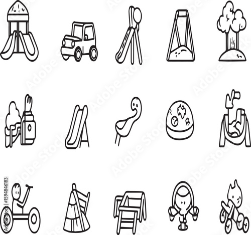 Line art illustration of playground equipment and toys including slides and a toy car and swing set