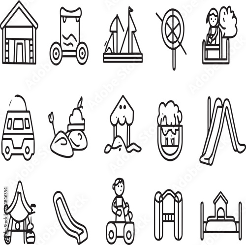A collection of simple line drawings of various playground equipment and other related objects seen