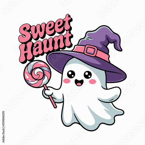 Cheerful Halloween ghost holding swirl pop, sweet haunt phrase with stylish witch hat, candy treat vibe in spooky theme  
