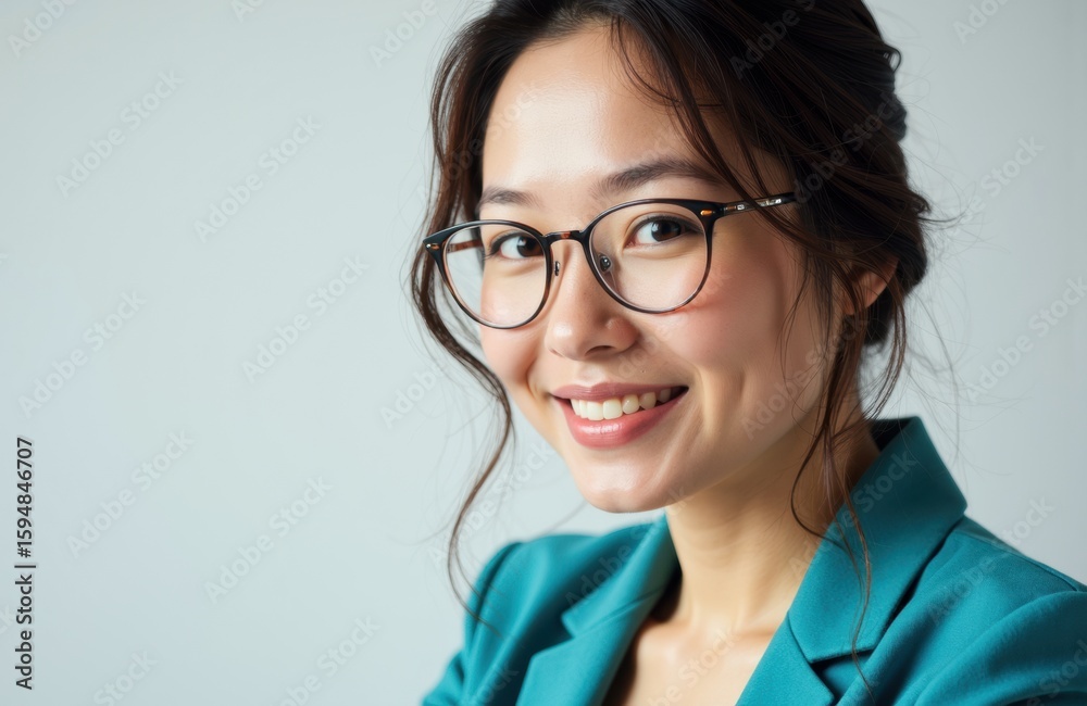 Woman with glasses smiling confidently in a professional setting Woman with glasses smiling confidently in a professional setting