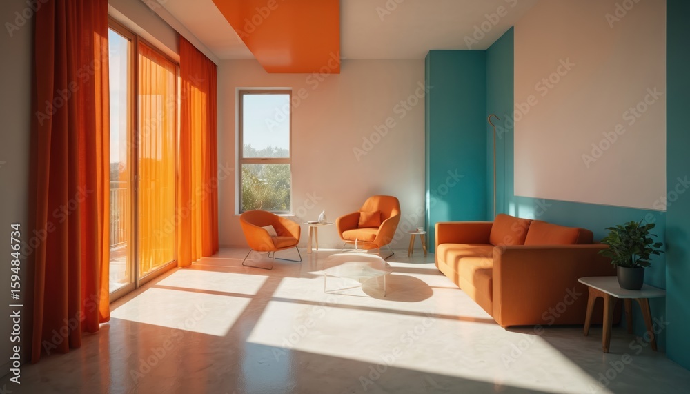 Fototapeta premium Modern living room with vibrant orange furniture and teal walls. Features minimalist design, natural light from large windows, and clean lines. Offers stylish and comfortable space with retro feel.