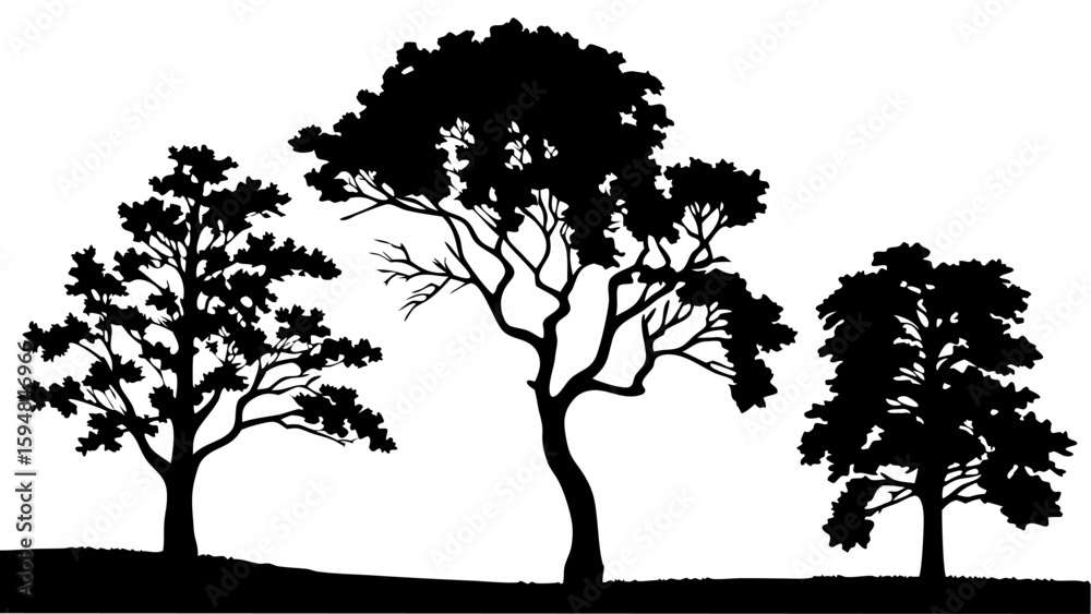 Tree silhouettes vector set featuring various black tree shapes and forms. Perfect for nature, landscape, and outdoor design projects. Isolated on transparent background for easy use.