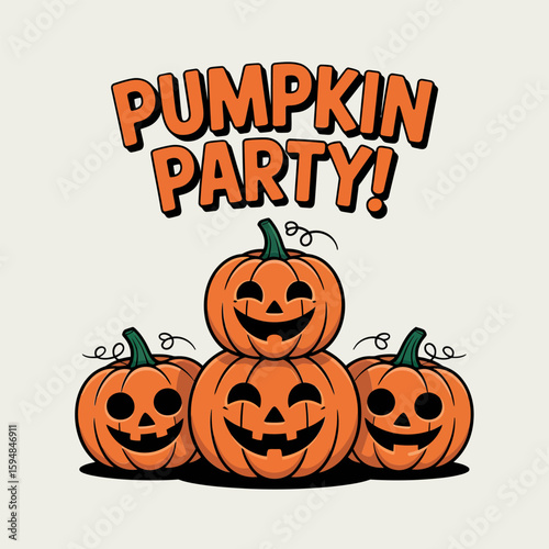 Five Halloween pumpkins with faces and leaves, pumpkin party heading, stacked orange jack-o'-lantern cartoon group vector  