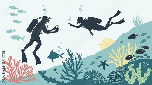 Vibrant underwater illustration featuring two silhouette scuba divers exploring a colorful coral reef. Marine life, fish, and ocean adventure photography.