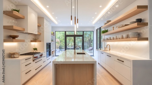 Modern galley kitchen with clean white panels, light stone slab counters, minimalist oak island with floating shelves, and two parallel pendant lights.