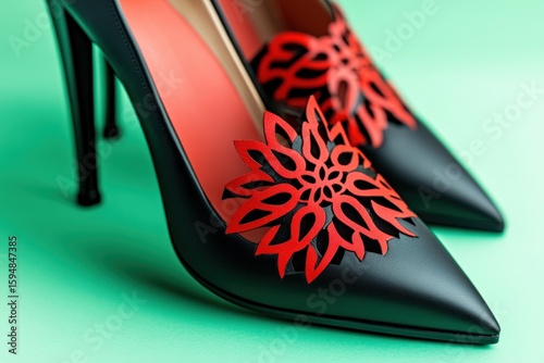 Black high-heeled shoes with red floral cutouts.