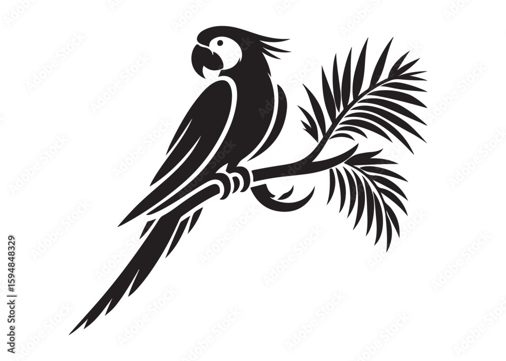 Obraz premium parrot logo silhouette vector, tropical bird logo silhouette, a silhouette of a parrot on a branch clipart design, beautiful parrot bird logo silhouettes vector on a white background