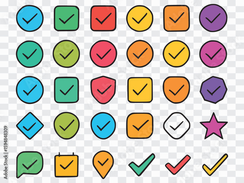 Collection of Check Mark Icons in Various Shapes and Colors