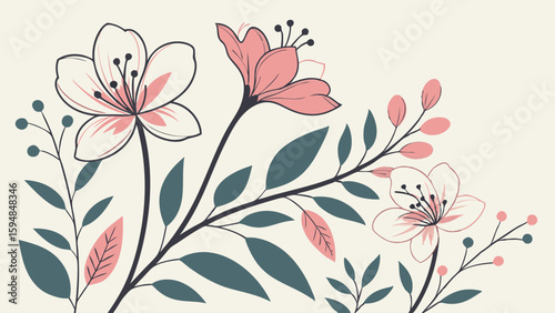 Elegant Pink and White Floral Line Art with Teal Leaves on Cream Background - Minimalist Botanical Illustration for Design