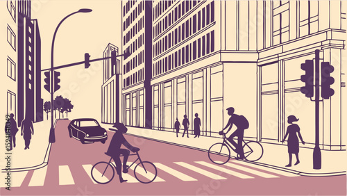 Monochromatic illustration of a bustling city street with pedestrians, cyclists, and a car, featuring buildings, traffic lights, and a crosswalk in a vintage style.