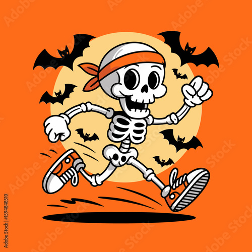 Skeleton running in orange bandana with bats flying, retro sneakers and Halloween sun setting, energetic Halloween race character  