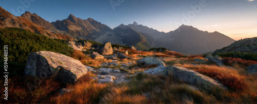 Sunset Alchemy: Red Rock Foreground Peaks Under Golden Light with Distant Tatra Summits | NatGeo-Style Layered Panorama in Summer