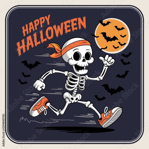 Retro square-framed skeleton run under moon, happy Halloween phrase in orange, bats flying on navy background, vintage spooky style  