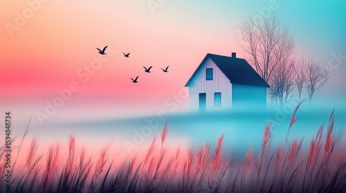 A solitary house surrounded by misty fields and bare trees at sunrise, with birds flying across a pastel-colored sky.
