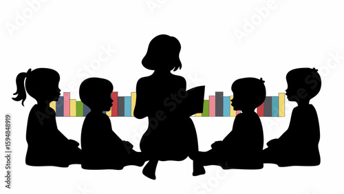 Silhouette illustration of a woman reading a book to a group of children sitting in front of books 100