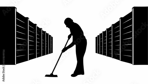 Silhouette of person mopping the floor between rows of shelves in a storage or warehouse area