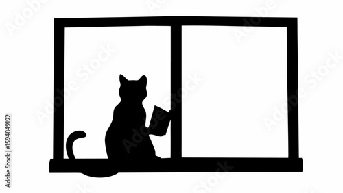 Silhouette of a cat reading a book while sitting on a window sill with a window frame behind it