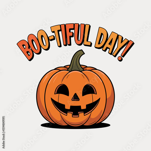 Happy jack o lantern with boo-tiful day phrase, smiling pumpkin, autumn leaves, festive Halloween greeting vector  