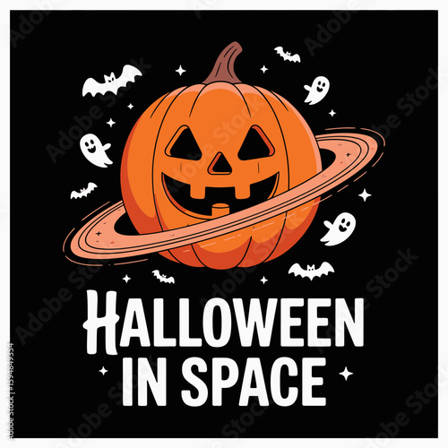Jack-o-lantern styled as a Saturn planet with orbiting bats and stars, Halloween in space concept on black background with clean text  