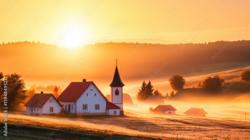 A serene countryside scene with a small church and houses bathed in warm sunrise light and morning mist over rolling hills. A serene countryside scene with a small church and houses bathed in warm sunrise light and morning mist over rolling hills.