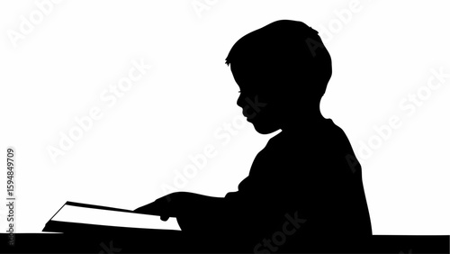 Silhouette of a young boy engrossed in reading a book with focused attention and a contemplative expression