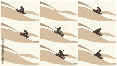 Brown and beige graphic illustration sequence of a person falling off a sled on a snowy hill, a winter sports wipeout in nine panels.