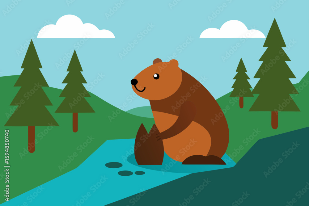 Fototapeta premium Beaver Building Dam in Forest Stream Vector