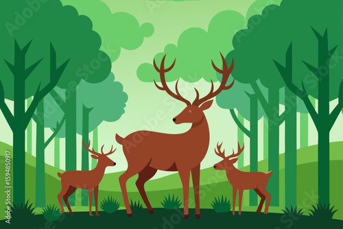 Deer Family Grazing in Forest Glade