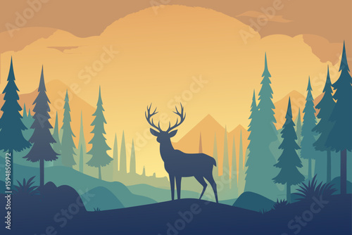 Deer Standing in Misty Pine Forest During Sunrise Illustration