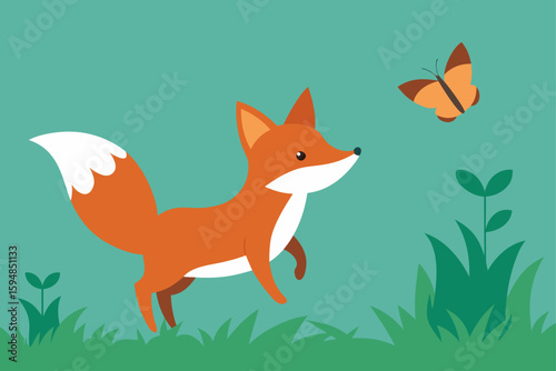 Fox Kit Chasing Butterfly in Spring Woods