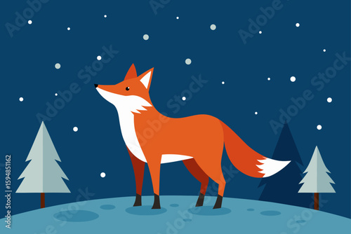 Fox Standing Still as Snow Falls Around in Forest