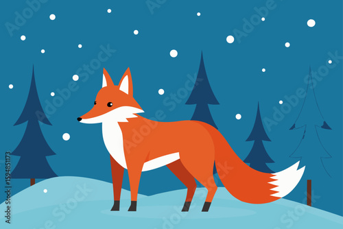 Fox Standing Still as Snow Falls Around in Forest Background