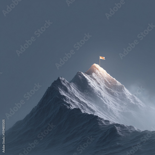 Reaching the summit. Conceptual image of a mountain peak with a flag, representing achievement, success, ambition, and overcoming challenges. Moody, symbolic, and inspiring.