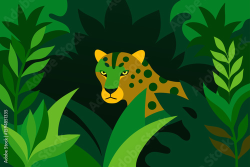 Jungle Scene with Jaguar in Thick Greenery