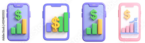 3D illustration of smartphone with dollar sign and bar chart, financial growth concept, mobile banking, investment, and economic success, colorful and modern design