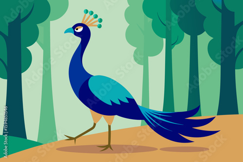 Peacock Walking Proudly Through Forest Clearing Illustration