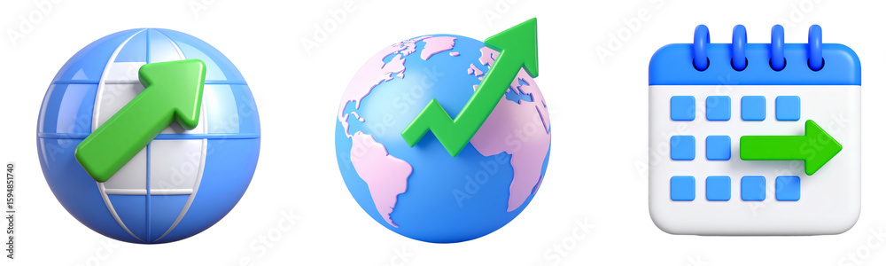 Fototapeta premium Globe arrow growth calendar increase world progress schedule success business Global growth and progress concept with green arrows globe and calendar symbolizing business success upward trend