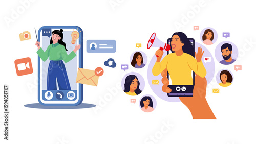 Digital marketing illustration featuring a woman with a megaphone promoting online engagement and communication through a phone interface with social media profiles.