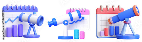 Telescope chart graph calendar and bar graph in blue purple and pink colors symbolize data analysis business growth and financial planning in modern playful 3D illustration
