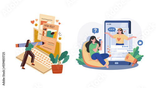 Conceptual lifestyle illustration presenting a girl making a new social media post while another girl is live streaming on her phone, both showcasing internet culture.