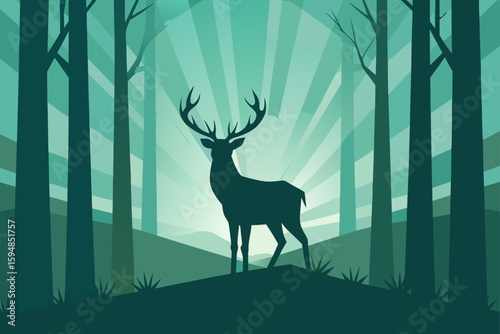 Stag Standing in Foggy Forest with Sun Rays Through Trees