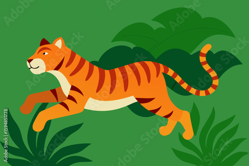 Tiger Mid Pounce in Leafy Jungle Floor Vector