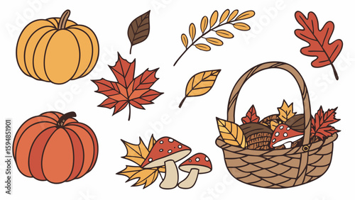 Vibrant Autumn Fall Harvest Season Isolated Clip Art Collection with Pumpkins, Colorful Leaves, Mushrooms, and Woven Basket Illustration