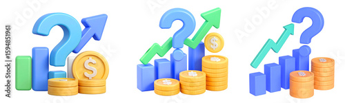 3D illustration of question mark, upward arrow, bar chart, and gold coins with dollar symbol, representing financial growth, investment uncertainty, and economic analysis