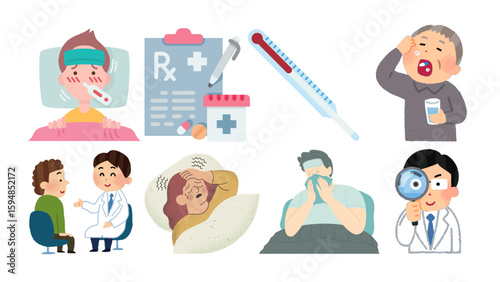 Collection of cartoon depictions displays illness symptoms, doctor consultation, flu, and medical care, emphasizing sickness and patient support.