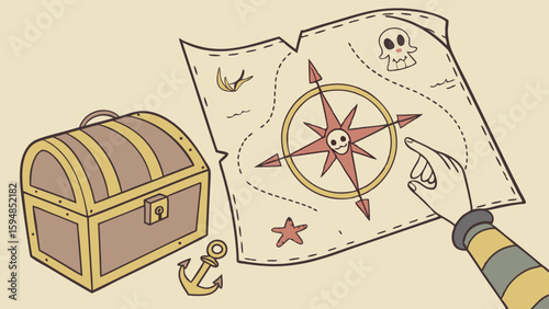 Vintage cartoon pirate treasure map with a skull compass rose, an ancient wooden chest, and a hand pointing to hidden riches and adventure.