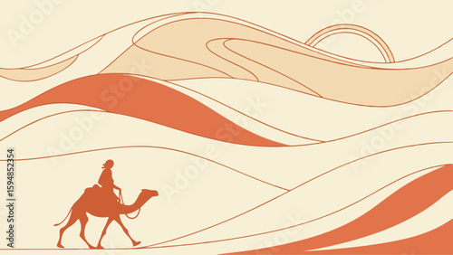Minimalist flat design illustration of a desert journey. A lone traveler rides a camel across abstract sand dunes under a stylized warm sun.
